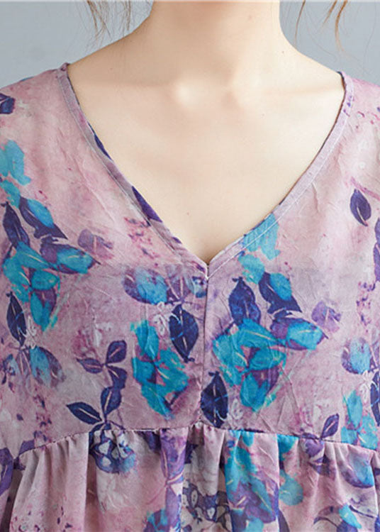 Style Purple V Neck Patchwork Print Fall Tops Three Quarter Sleeve