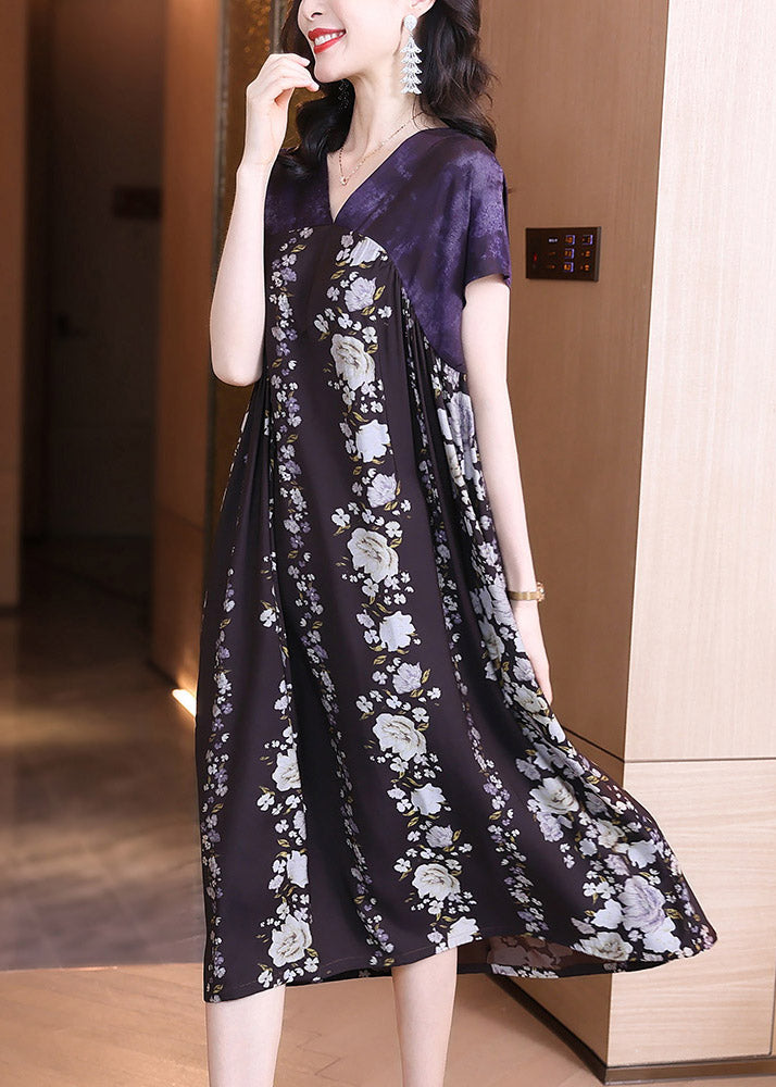 Style Purple V Neck Print Patchwork Chiffon Dress Short Sleeve