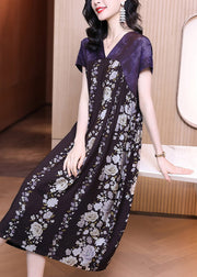 Style Purple V Neck Print Patchwork Chiffon Dress Short Sleeve