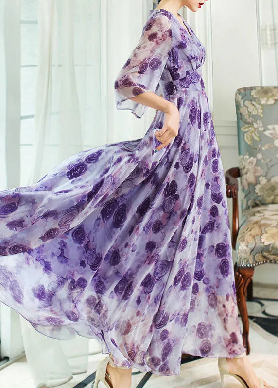Style Purple V Neck Print Slim Chiffon Vacation Maxi Dresses Spring