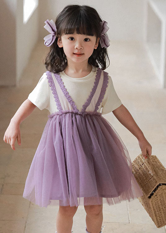 Style Purple Wrinkled Lace Patchwork False Two Pieces Tulle Baby Girls Dress Summer