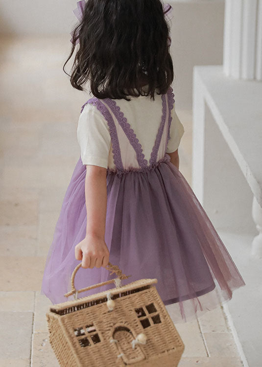 Style Purple Wrinkled Lace Patchwork False Two Pieces Tulle Baby Girls Dress Summer