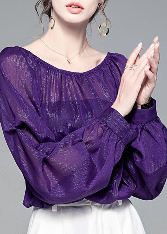 Style Purple wrinkled Slash neck Chiffon Tops Puff Sleeve
