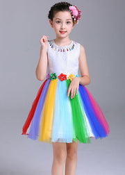 Style Rainbow O Neck Floral Patchwork Tulle Kids Girls Dresses Sleeveless