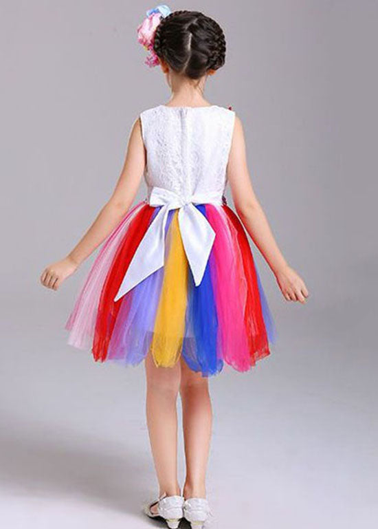 Style Rainbow O Neck Floral Patchwork Tulle Kids Girls Dresses Sleeveless