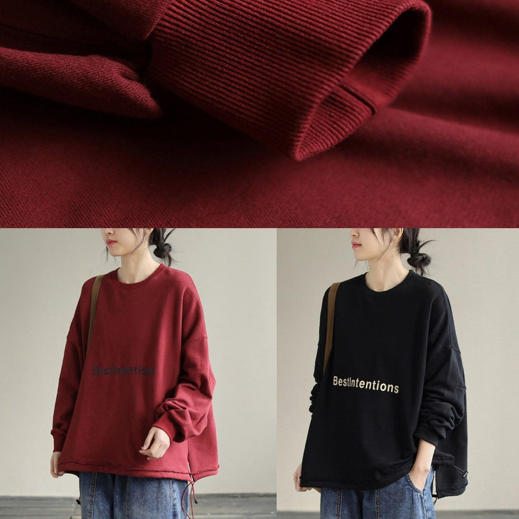 Style Red Alphabet Prints cotton Blouse Drawstring baggy Spring blouses - SooLinen