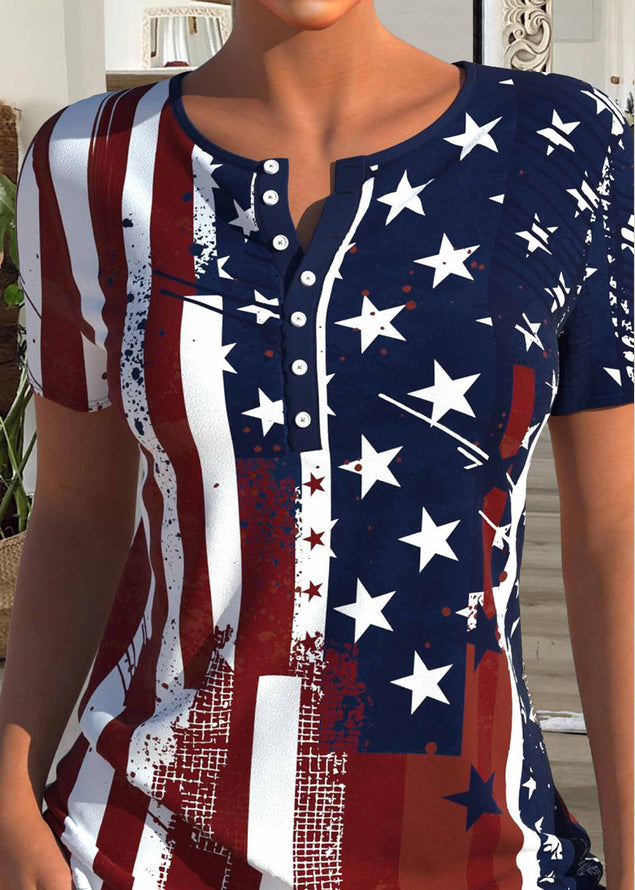 Style Red Blue O-Neck Independence Day Print Button Cotton Tank Tops Short Sleeve