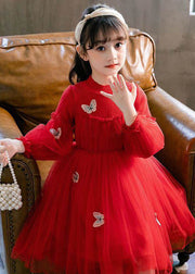 Style Red Butterfly Embroidered Knit Patchwork Tulle Kids Long Dresses Long Sleeve