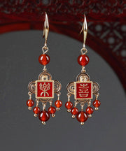Style Red Copper Agate Cloisonne Graphic Drop Earrings