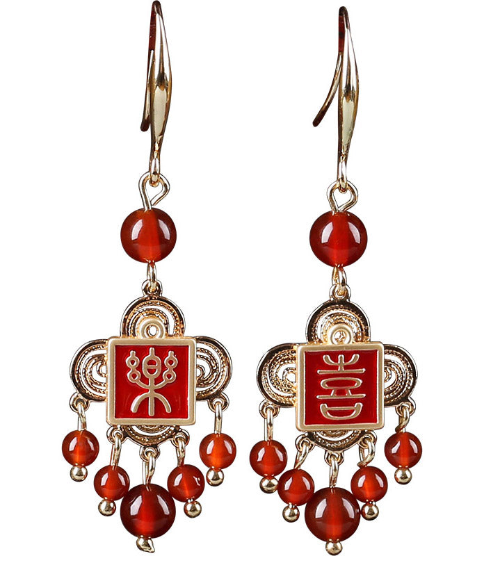 Style Red Copper Agate Cloisonne Graphic Drop Earrings