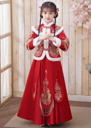 Style Red Embroidered Tassel Girls Coats And Long Skirts Two Piece Set Long Sleeve