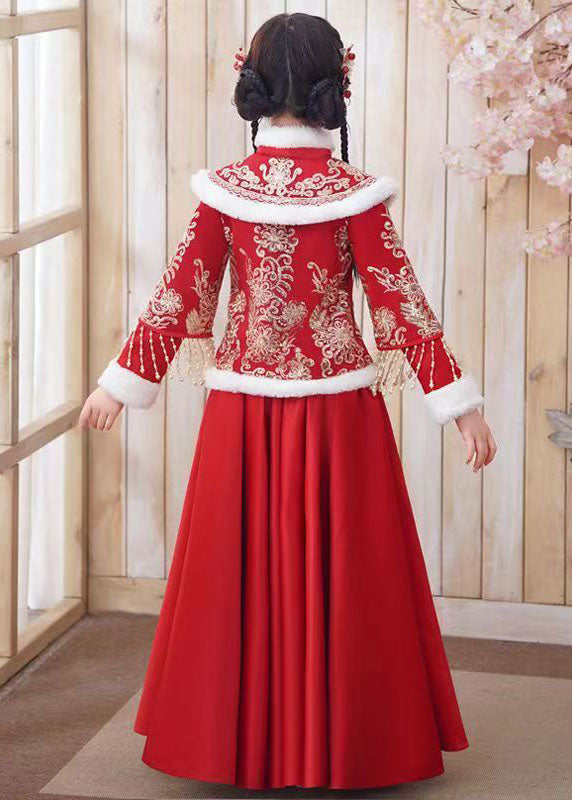 Style Red Embroidered Tassel Girls Coats And Long Skirts Two Piece Set Long Sleeve