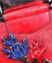 Style Red Floral Paitings Calf Leather Tote Handbag