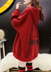 Style Red Hooded Graphic Warm Fleece Pullover Street wear Winter