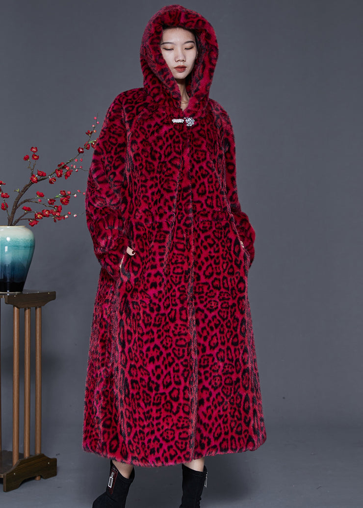 Style Red Hooded Print Faux Fur Coat Spring