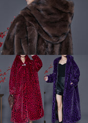 Style Red Hooded Print Faux Fur Coat Spring