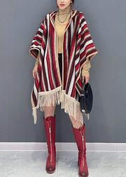 Style Red Hooded Tasseled Patchwork Knit Cardigan Fall