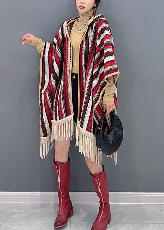 Style Red Hooded Tasseled Patchwork Knit Cardigan Fall
