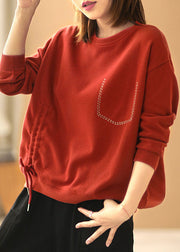 Style Red Loose O-Neck Patchwork Herbst Sweatshirts Top