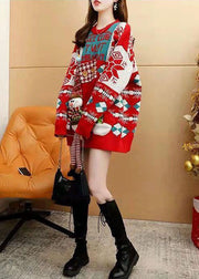 Style Red O-Neck Oversized Christmas Print Knit Long Sweater Winter