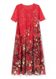 Style Red O-Neck Print Chiffon Maxi Dresses Summer