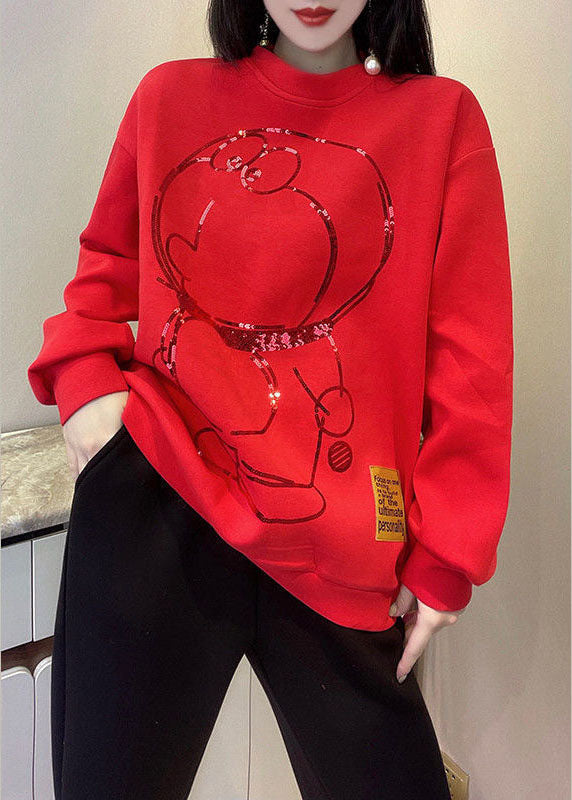Style Red O-Neck Print Loose Fall Pullover Street wear
