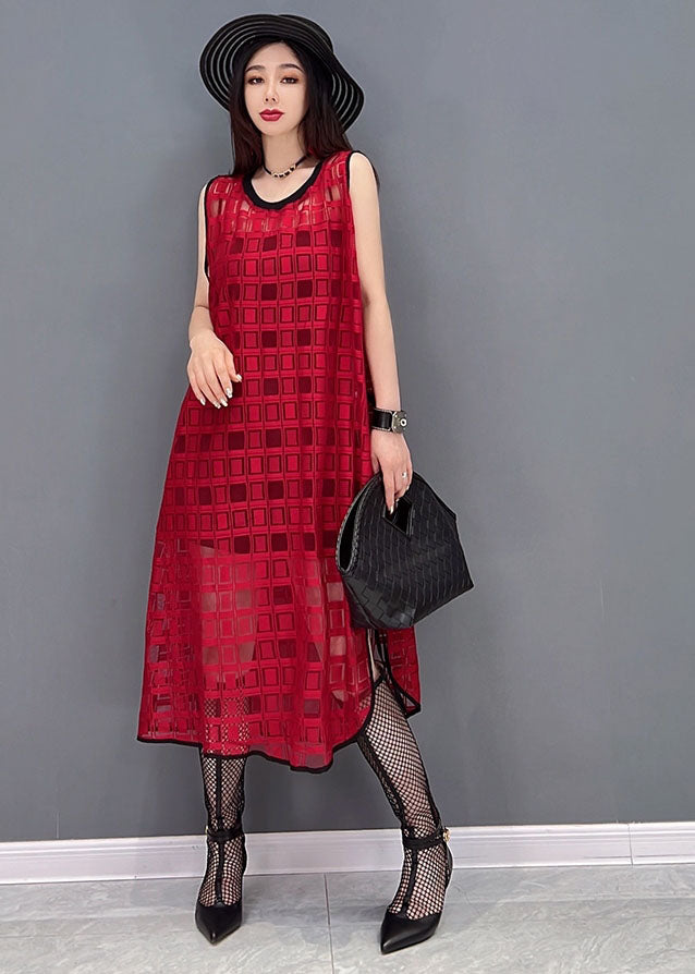 Style Red O-Neck Side Open Plaid Chiffon Long Dress Sleeveless