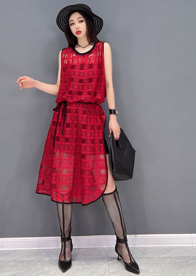 Style Red O-Neck Side Open Plaid Chiffon Langes Kleid Ärmellos