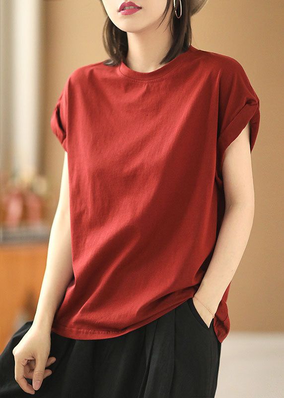 Style Red O-Neck Solid Color Cotton Loose Tank Tops Short Sleeve
