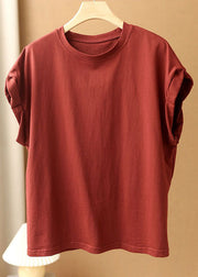 Style Red O-Neck Solid Color Cotton Loose Tank Tops Short Sleeve
