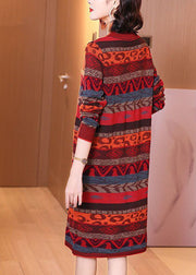Style Red O-Neck Striped Thick Long Knit Dress Long Sleeve