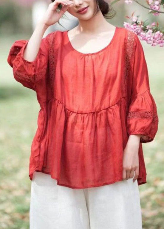 Style Red O Neck Wrinkled Patchwork Linen Tops Lantern Sleeve