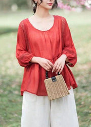 Style Red O Neck Wrinkled Patchwork Linen Tops Lantern Sleeve
