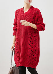 Style Red Oversized Hollow Out Knit Sweater Dress Winter