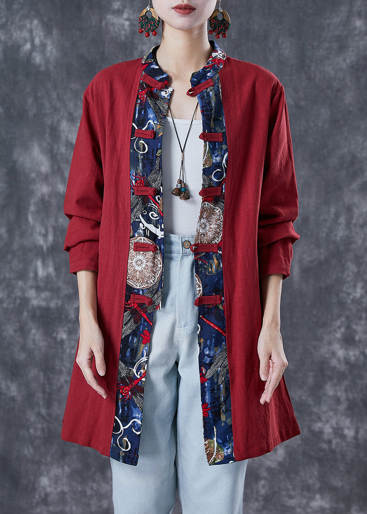 Style Red Oversized Patchwork Chinese Button Cotton Shirt Fall