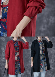 Style Red Oversized Patchwork Chinese Button Cotton Shirt Fall