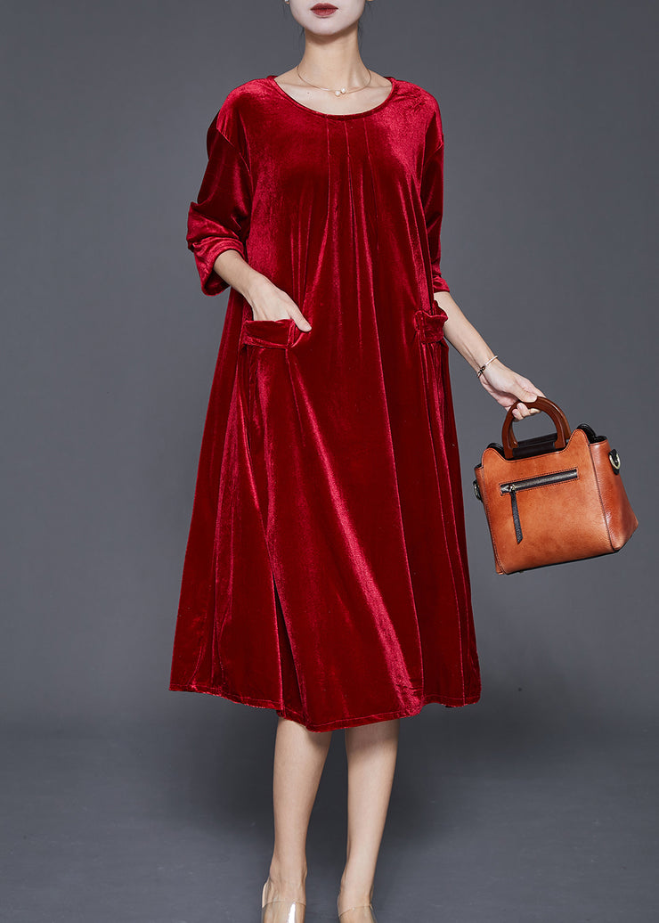 Style Red Oversized Pockets Silk Velour Dress Fall