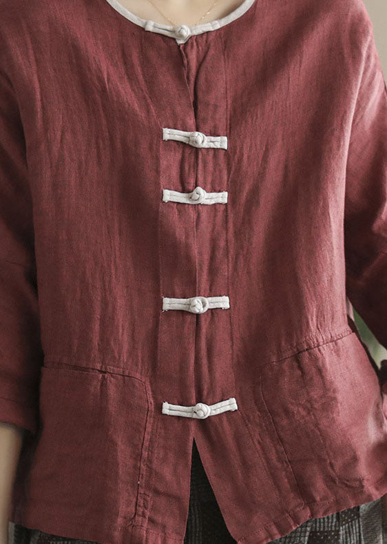 Style Red Patchwork Chinese Button Linen Cardigans Bracelet Sleeve