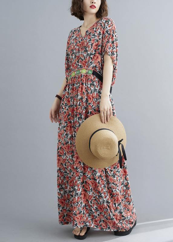 Style Red Print Button Summer Cotton Dress - SooLinen