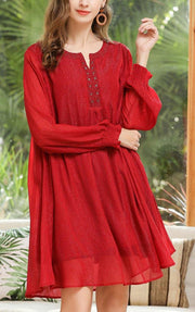 Style Red Rivet Chiffon O-Neck Summer Long Dress - SooLinen