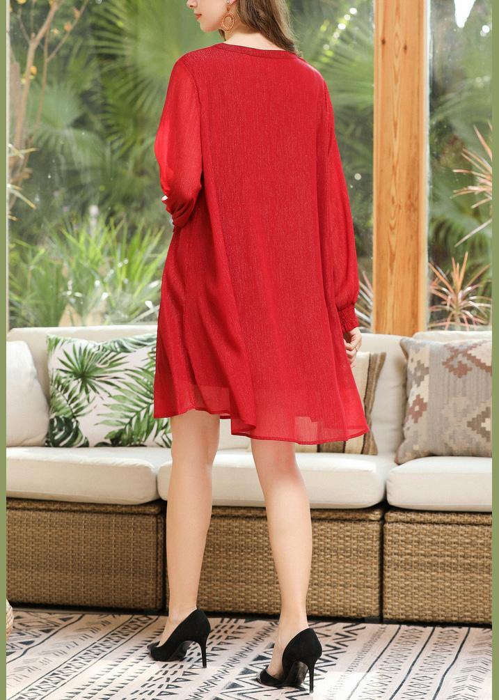 Style Red Rivet Chiffon O-Neck Summer Long Dress - SooLinen