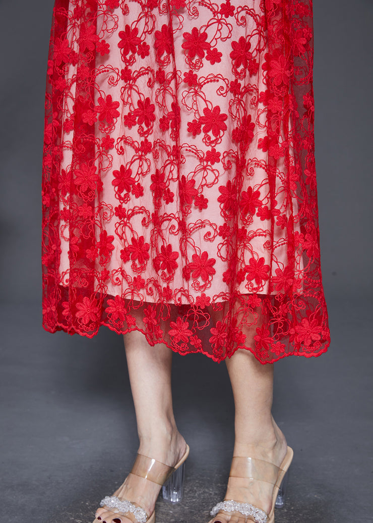 Style Red Ruffled Embroidered Hollow Out Tulle Dress Summer