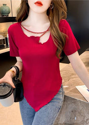 Style Red Ruffled Nail Bead Patchwork Cotton T Shirt Short Sleeve