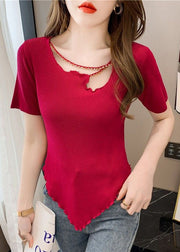 Style Red Ruffled Nail Bead Patchwork Cotton T Shirt Short Sleeve