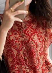 Style Red Ruffled Print Patchwork Chiffon Shirts Top Summer