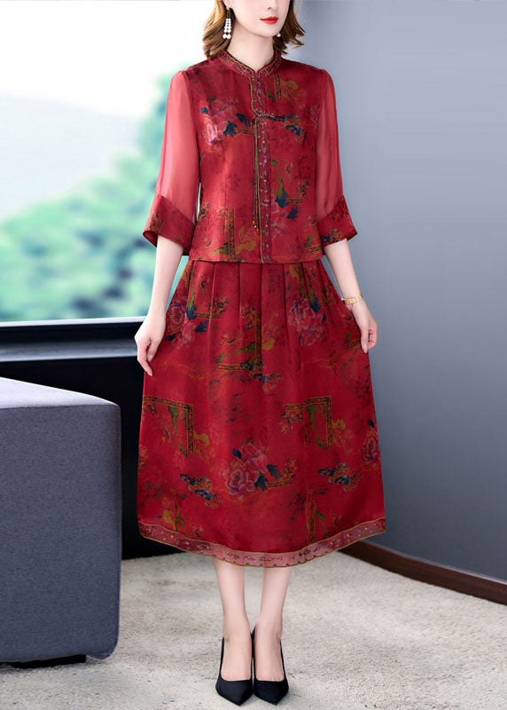 Style Red Tasseled Wrinkled Embroidered Silk Two Piece Set Clothing Summer