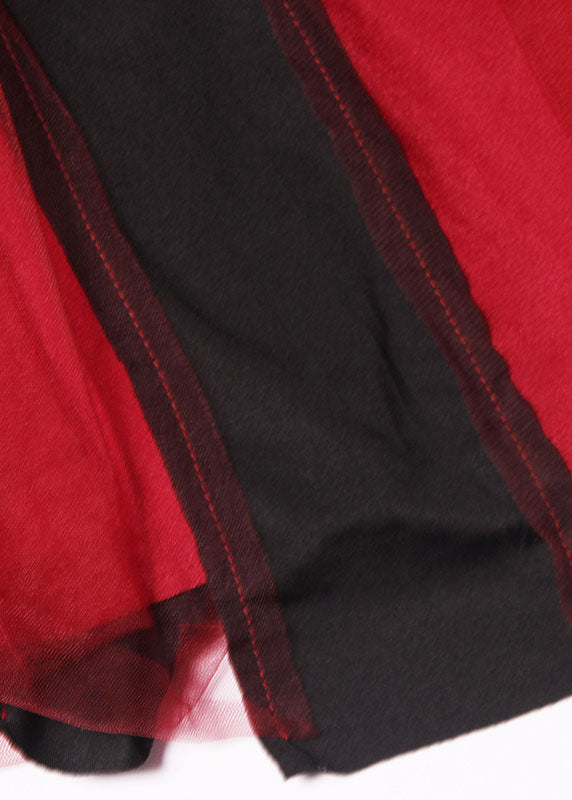 Style Roter Tüll-Patchwork-Sommer-A-Linien-Rock mit Reißverschluss