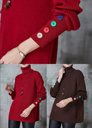 Style Red Turtle Neck Colored Buttons Thick Knit Sweater Spring