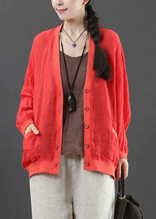 Style Red V Neck Pockets Linen Coats Spring