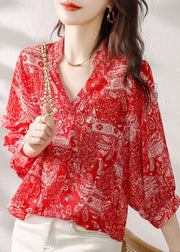 Style Red V Neck Print Patchwork Chiffon Blouses Summer